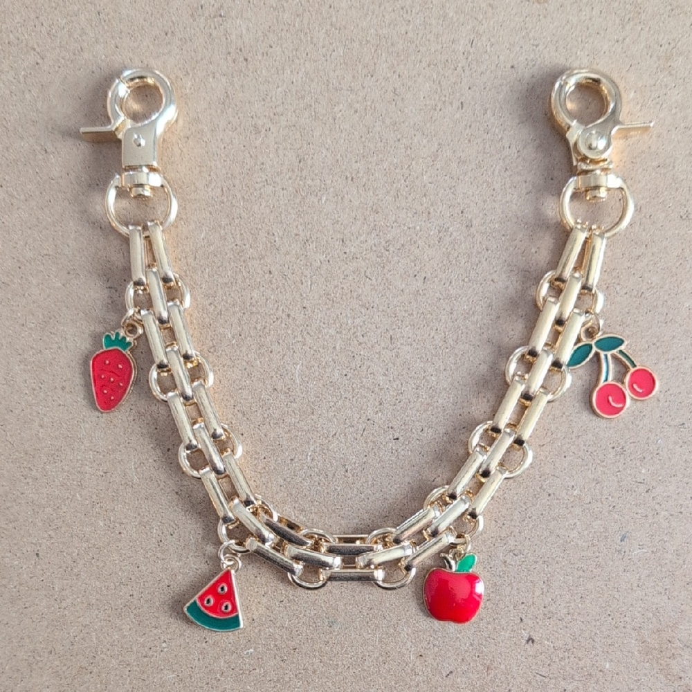 Gold Fruit Bag Charm Chain- Red Enamel Charms